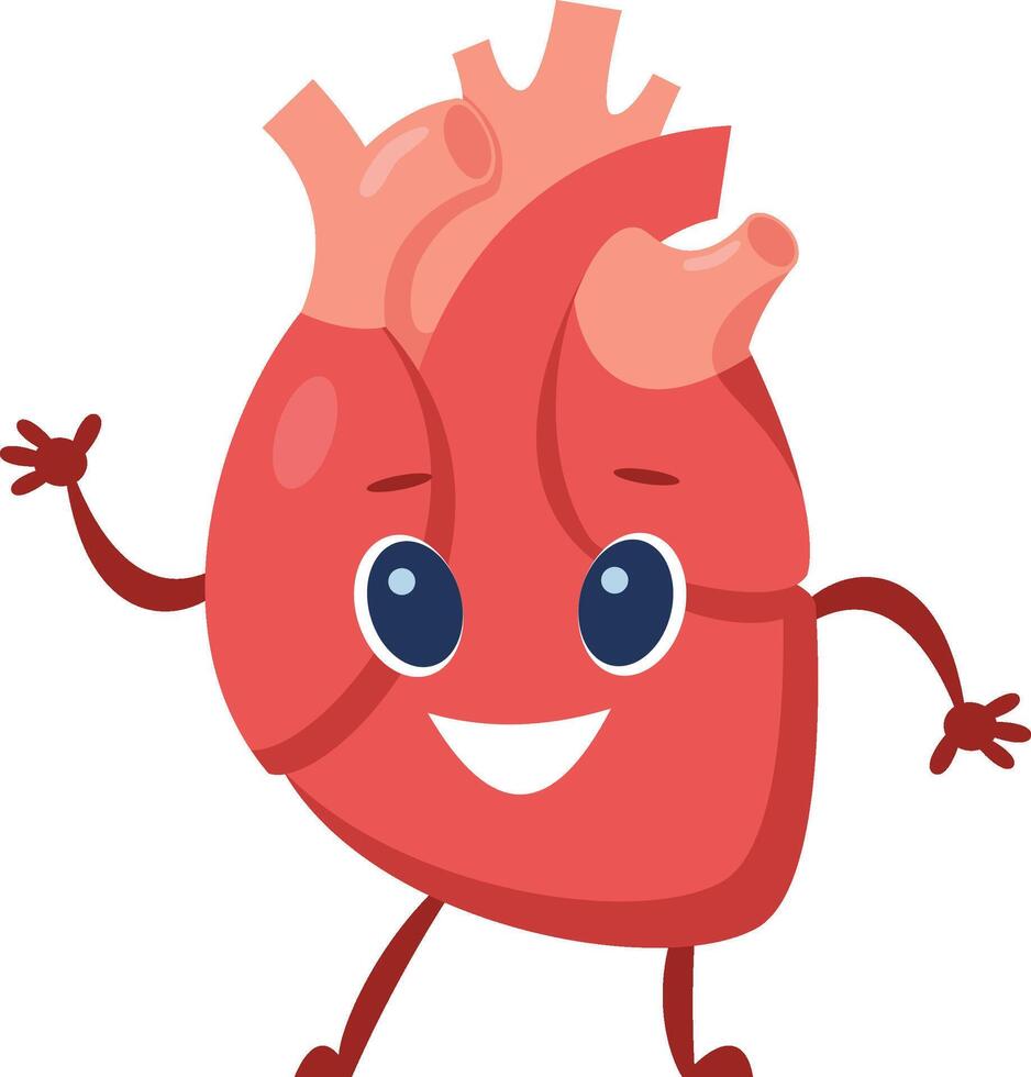 Cartoon illustration of a happy human heart waving and smiling, promoting health, cardiology, and medical concepts with a cheerful and engaging design vector
