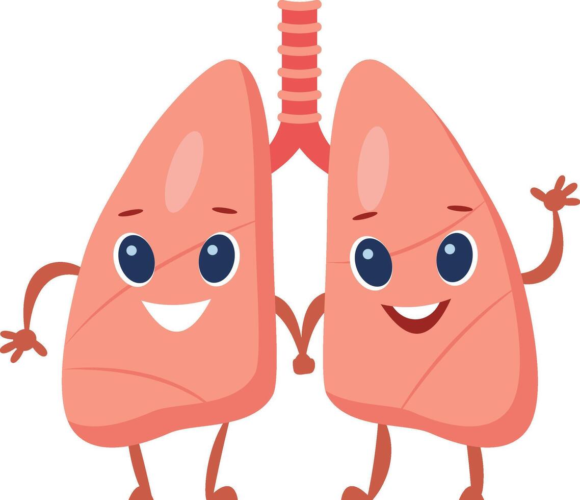 Cartoon lungs holding hands and smiling, promoting respiratory health and well being, providing engaging visuals for educational or healthcare materials vector