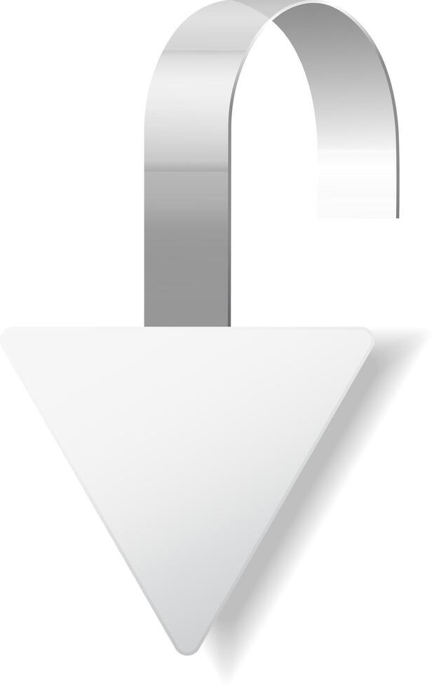 Modern, blank white triangular wobbler with a metallic clip hangs elegantly against a clean backdrop, perfect for personalized messages or ads in retail vector