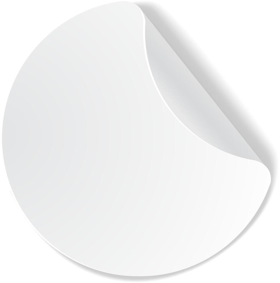 Round white blank sticker with a folded corner peeling upwards, creating a three dimensional effect, perfect for showcasing designs or messages vector