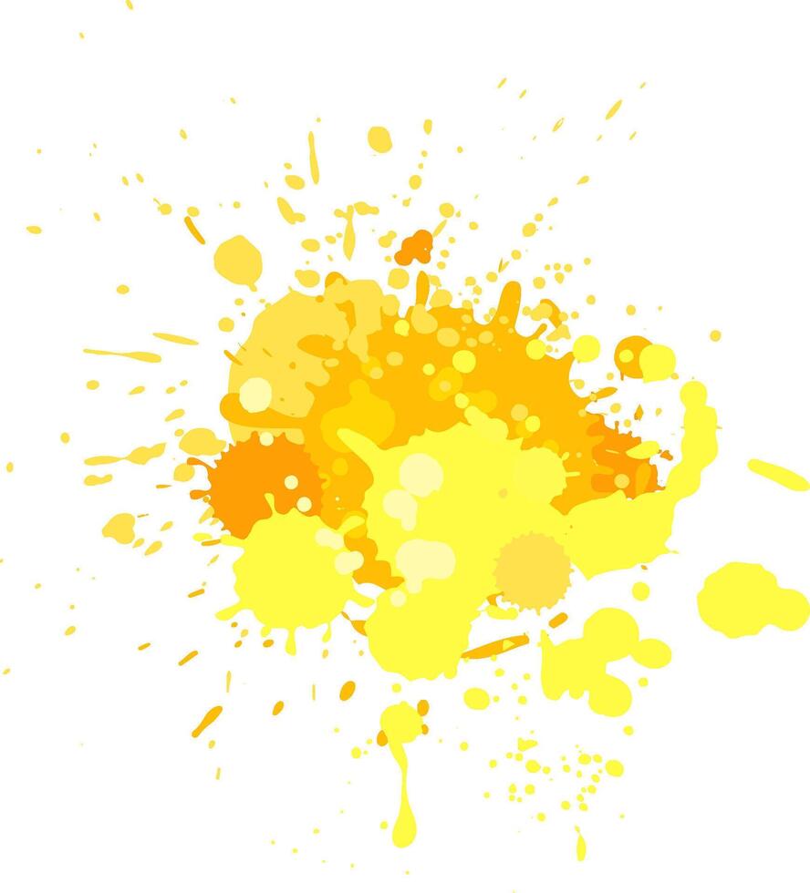 Vibrant yellow and orange paint splashes on white background, creating dynamic abstract design. Colors blend in fluid pattern, adding modern touch vector