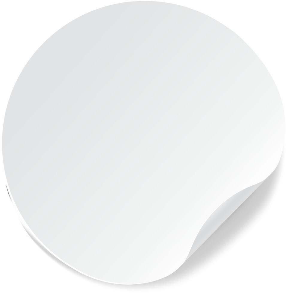 Round white blank sticker with a folded corner peeling upwards, creating a three dimensional effect and casting a subtle shadow on a white background vector