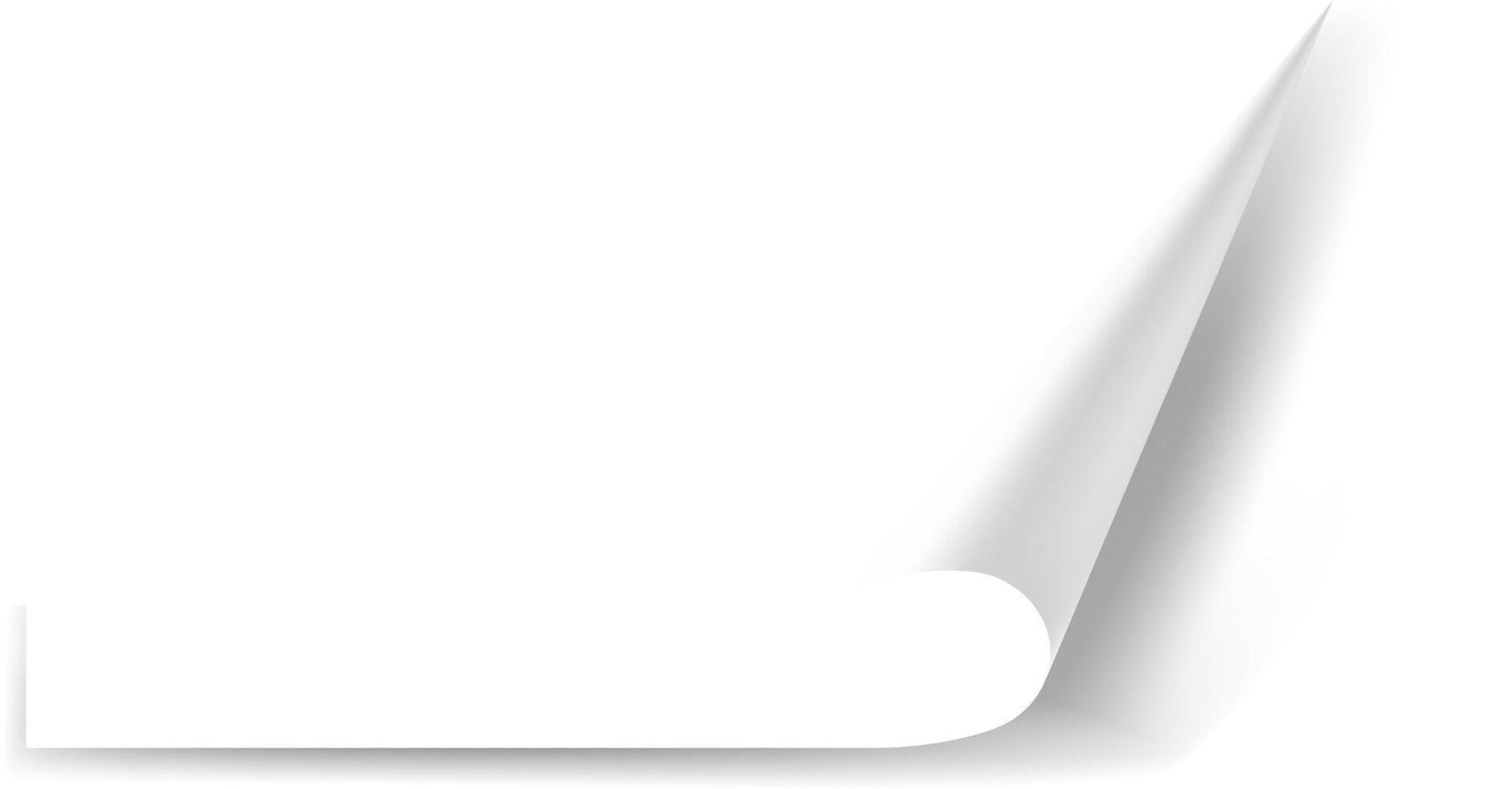 White sheet of paper curling up from bottom right corner, creating a three dimensional effect with subtle shadows, ideal for showcasing text, designs, or creating a sense of anticipation vector