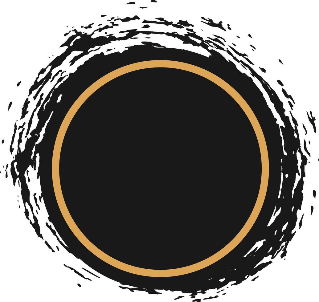 Black circle with a prominent gold border is encompassed by a textured grunge effect, creating a dynamic and visually striking design element vector