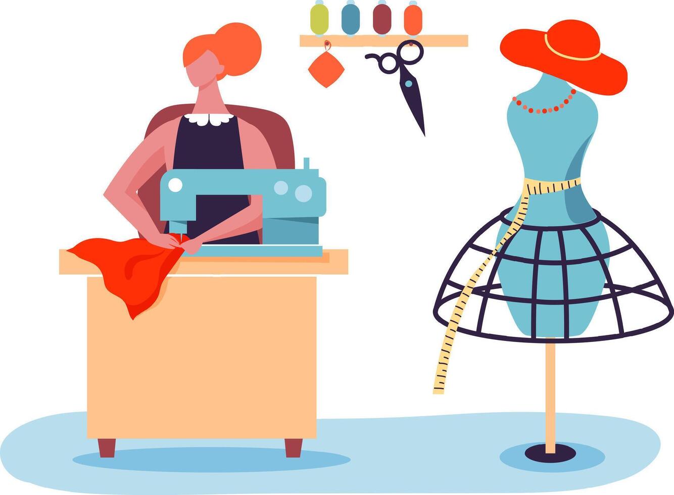 Seamstress is working on a sewing machine and creating clothes, with a dress form, measuring tape, scissors and spools of thread visible in her workshop vector