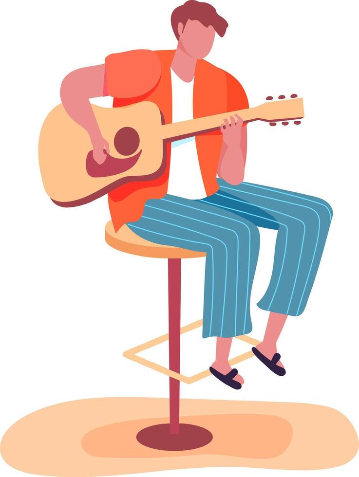Young musician concentrated playing acoustic guitar sitting on a stool, performing live music in a relaxed and inspiring atmosphere vector