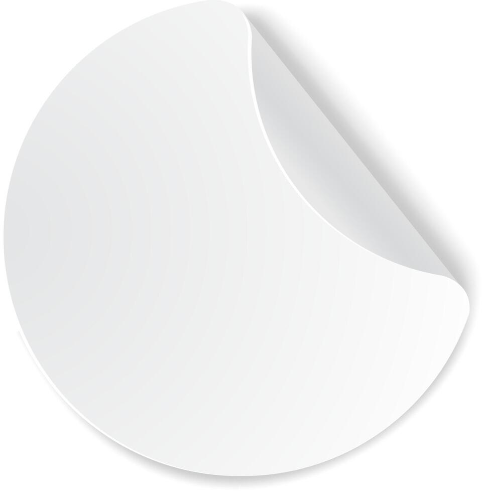 Round white blank sticker with folded corner lifting up, creating a three dimensional effect, ideal for showcasing designs or messages vector