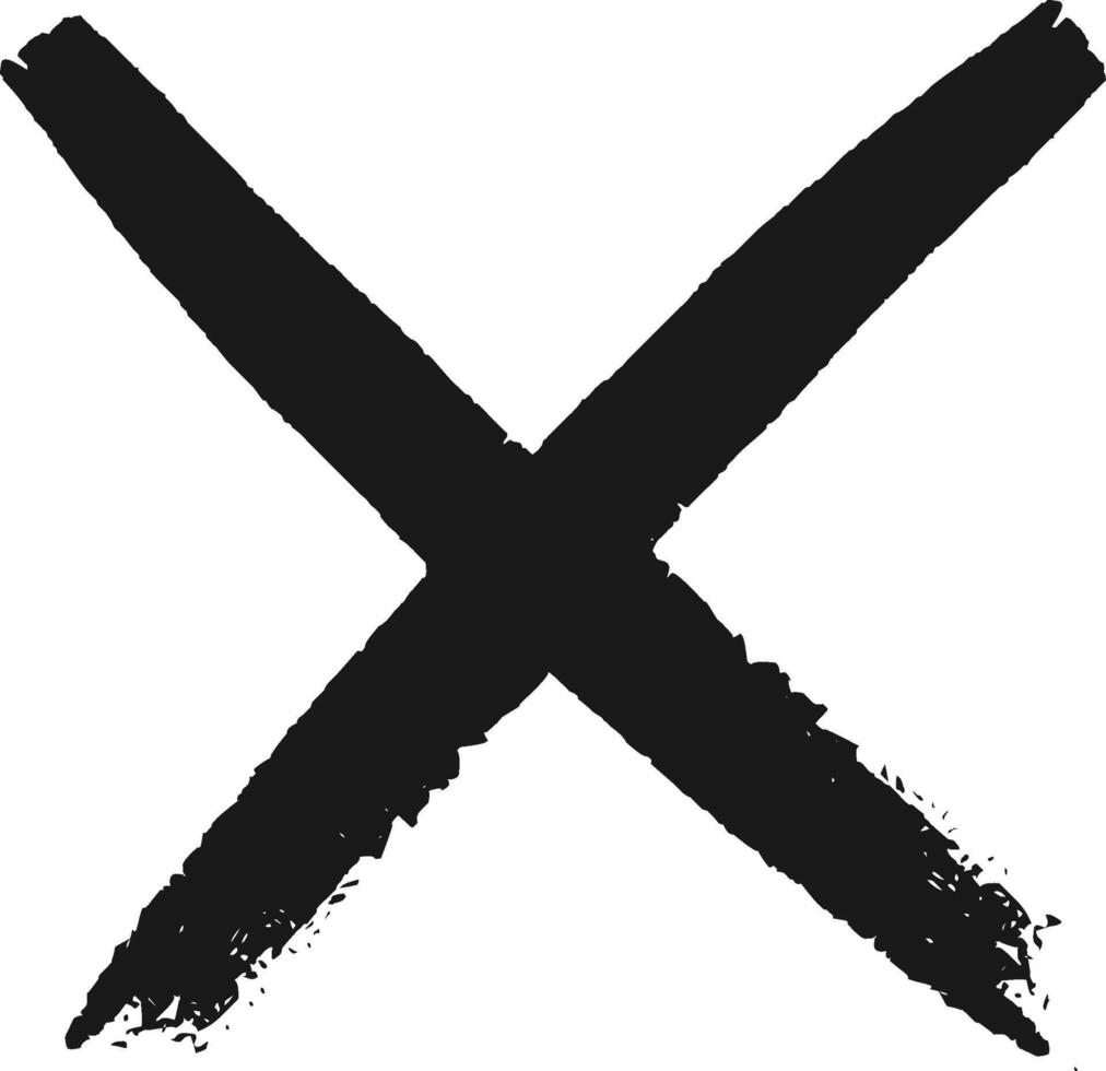 Two rough black brushstrokes crossing each other forming an x shape against a white background, conveying a message of negation, cancellation, or prohibition vector