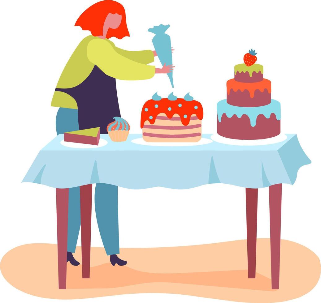 Pastry chef decorates a cake in a cozy bakery, surrounded by tempting pastries, showcasing the artistry of sweet treats vector