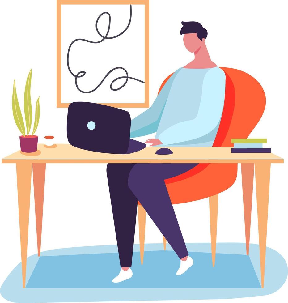 Young man sitting at desk using laptop, working remotely from home office, enjoying comfortable and productive workspace with cup of coffee and books vector