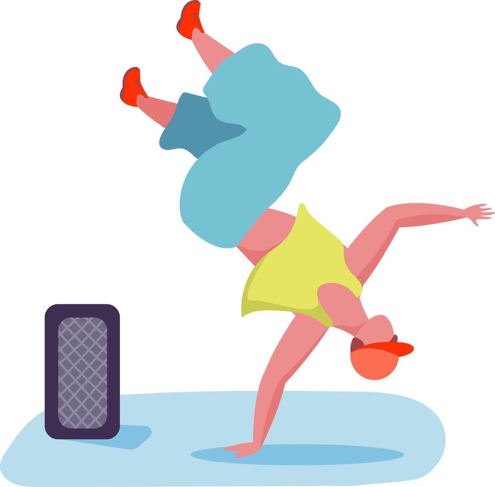 Breakdancer balancing upside down performing a freeze move during a street performance with music playing from a portable speaker vector