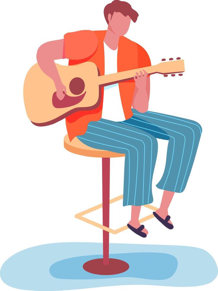 Young musician playing an acoustic guitar with intense focus, showcasing his talent and passion for music vector