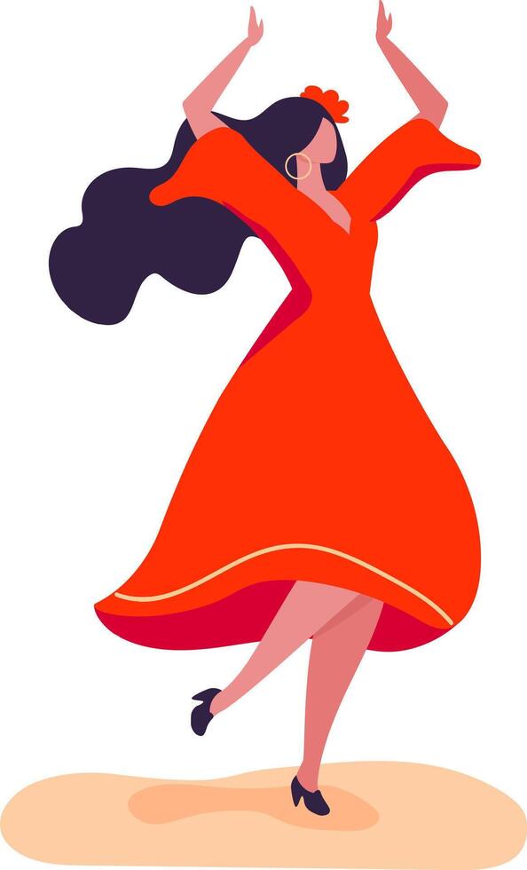 Energetic flamenco dancer in vibrant red dress and flower, gracefully moving arms and tapping feet, expressing passion and artistry through traditional spanish dance vector