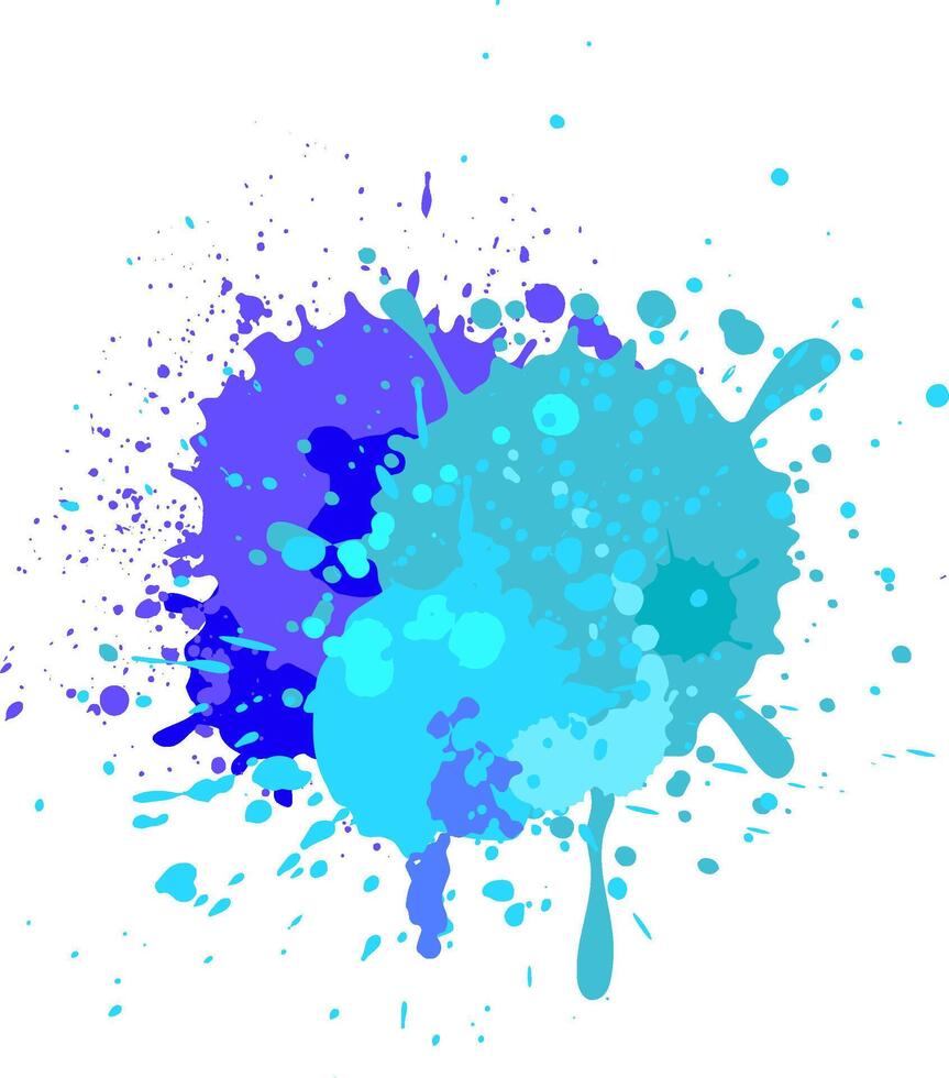 Bright blue and purple paint splatters creating a vibrant and dynamic abstract design on a clean white background, ideal for adding an artistic touch to various projects vector