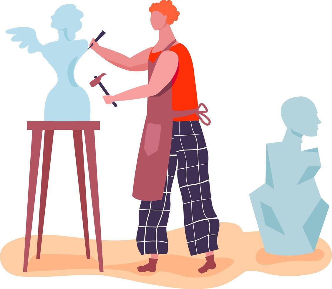 Sculptor wearing apron using hammer and chisel carving angel statue from block of stone in art studio, demonstrating artistic skill and craftsmanship vector