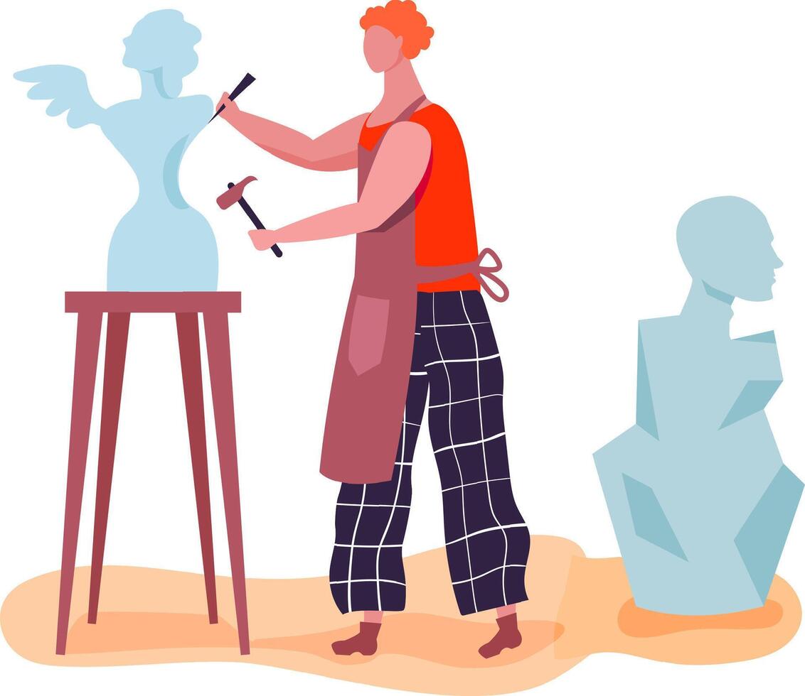 Sculptor wearing an apron using chisel and hammer, refining details of a winged figure sculpture, demonstrating artistic skill and craftsmanship in a creative workspace vector