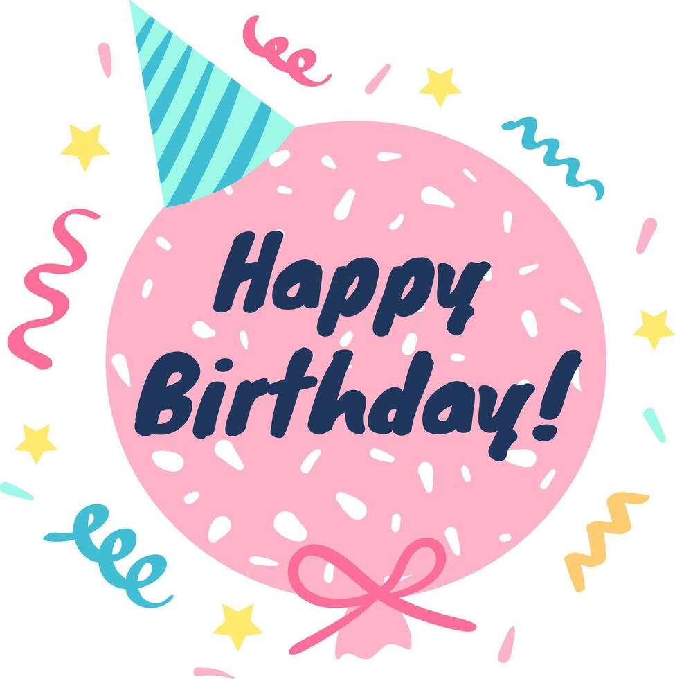 Festive pink balloon with the message happy birthday. written on it, adorned with a party hat and surrounded by colorful confetti, creates a joyful birthday greeting vector