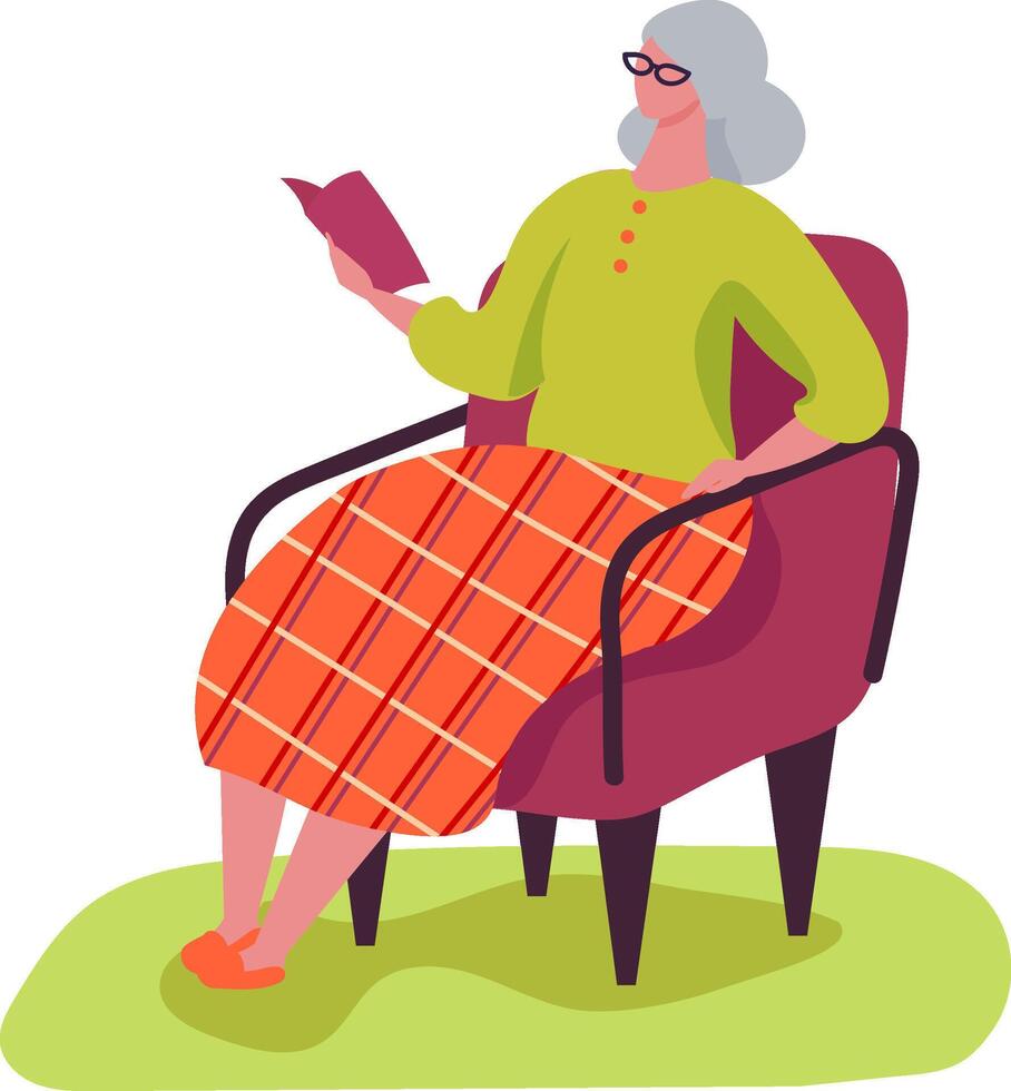 Senior woman enjoying her retirement, sitting comfortably in an armchair, reading a book, immersed in literature, finding peace and relaxation in the simple pleasure of reading vector