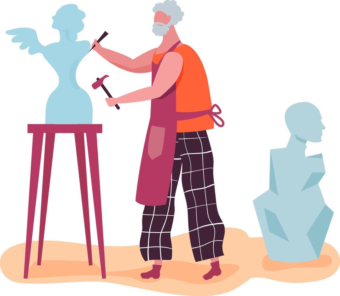 Senior sculptor wearing apron and working on a statue of a woman with wings, using chisel and hammer, in his workshop, another bust visible on the background vector
