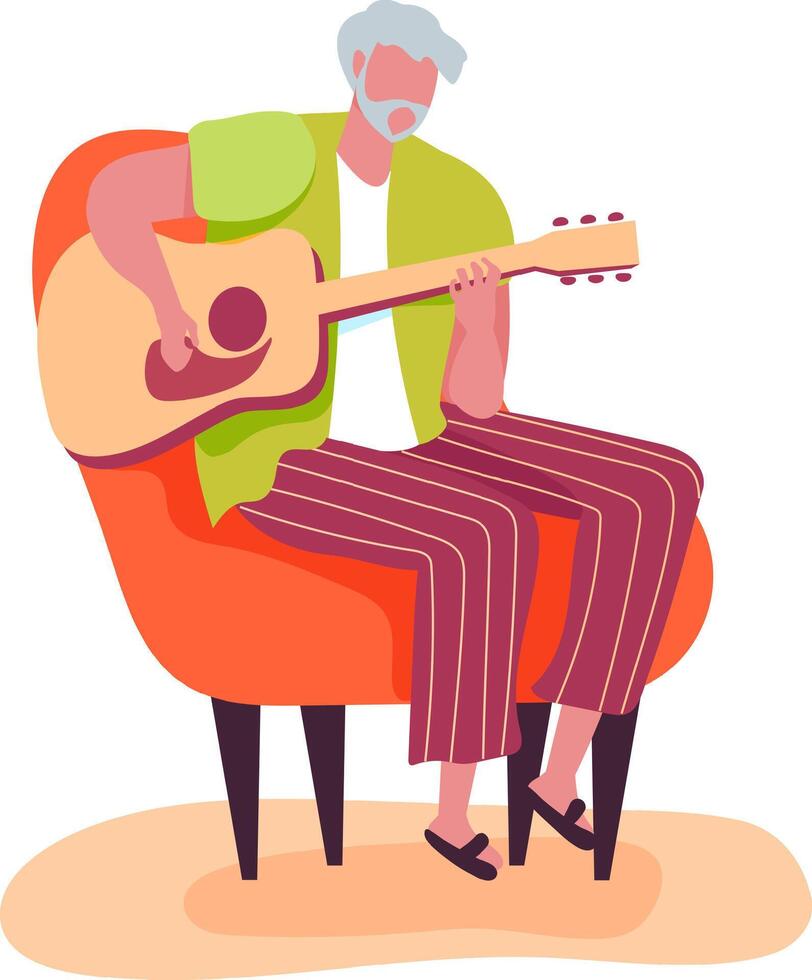 Elderly man with gray hair and beard sitting on orange armchair playing a brown acoustic guitar, enjoying his hobby in a relaxing home environment vector