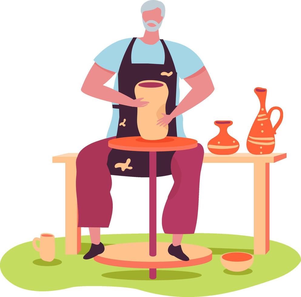 Senior potter making ceramic pot on pottery wheel, enjoying creative process in workshop or outdoor studio, surrounded by finished clay products vector