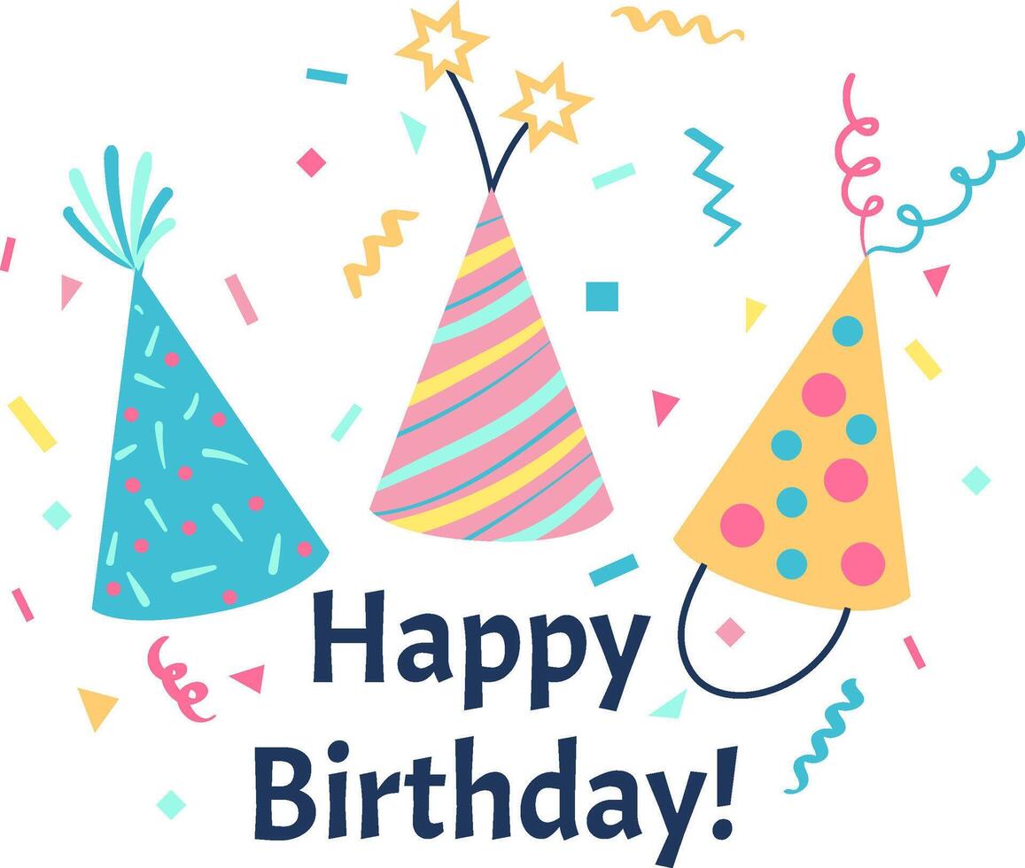 Three vibrant party hats are surrounded by confetti and sparklers, creating a festive atmosphere for a happy birthday celebration vector