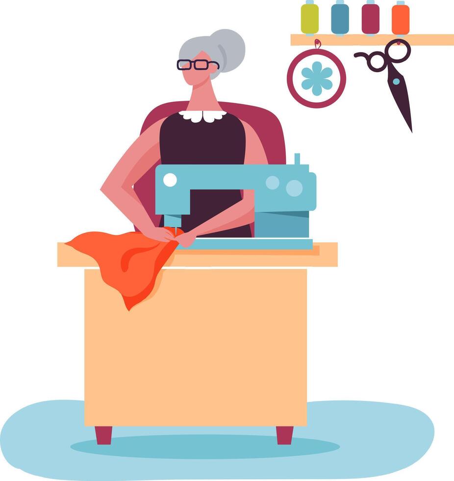 Elderly craftswoman working on a sewing project, using a sewing machine and colorful threads, demonstrating expertise and passion for dressmaking vector