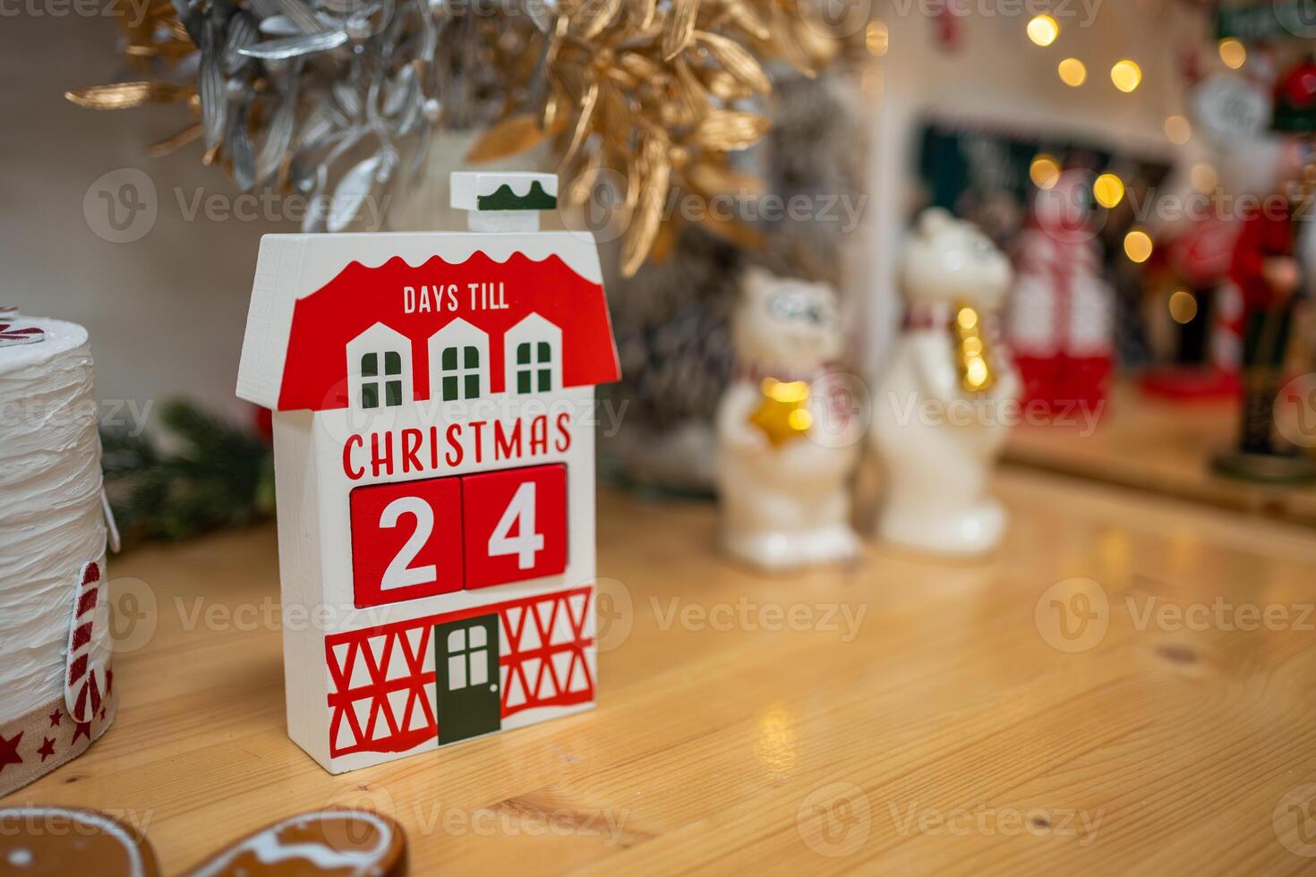 Christmas composition on the shelf in the kitchen interior. Beautiful decoration. Christmas trees, light and accessories. Merry Christmas and Happy Holidays. High quality photo