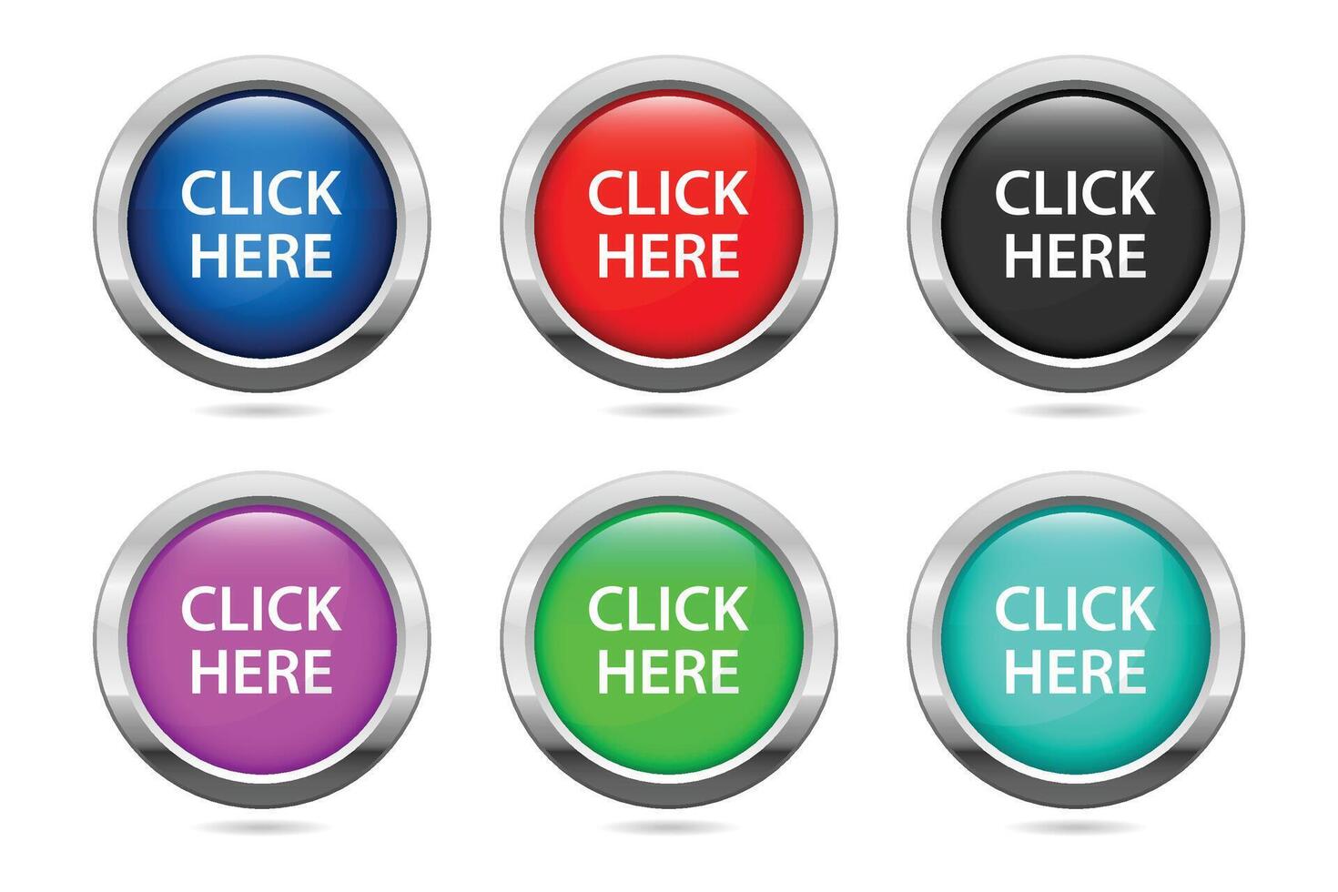 A set of six buttons with the words click here vector
