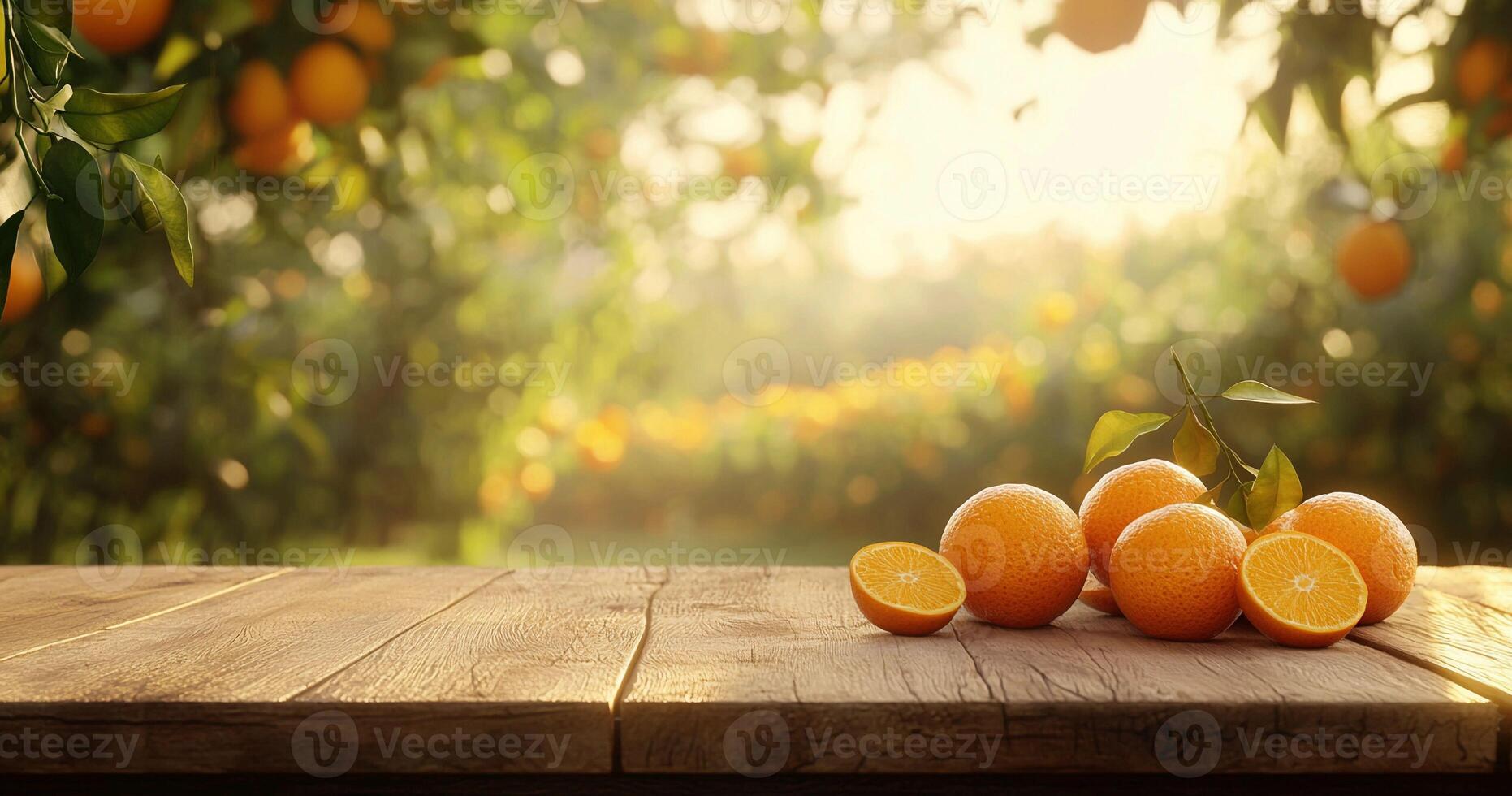 Fresh organic oranges on rustic wooden table, citrus grove bokeh background with sunlight, farm harvest scene, selective focus, copy space photo