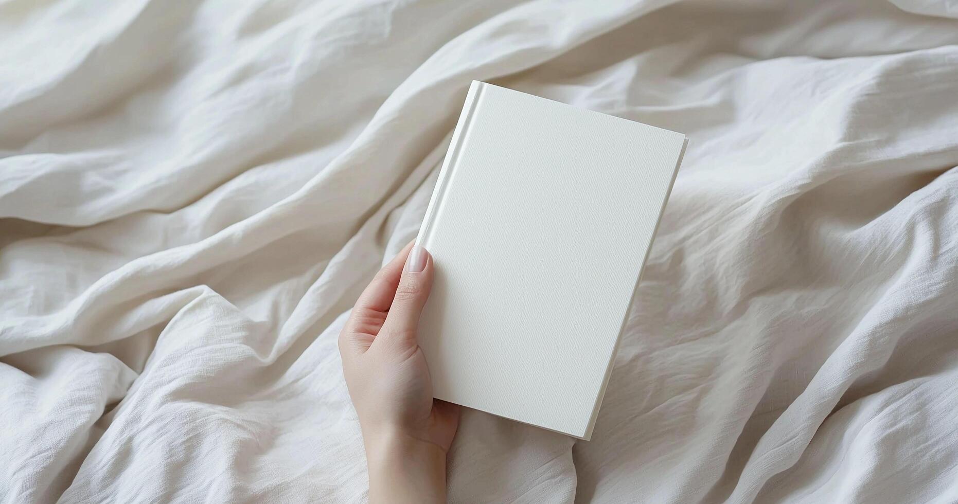 Close-up mockup of woman hands holding a blank white book. Ideal for book cover design, branding, and product display. Minimalist and cozy scene photo