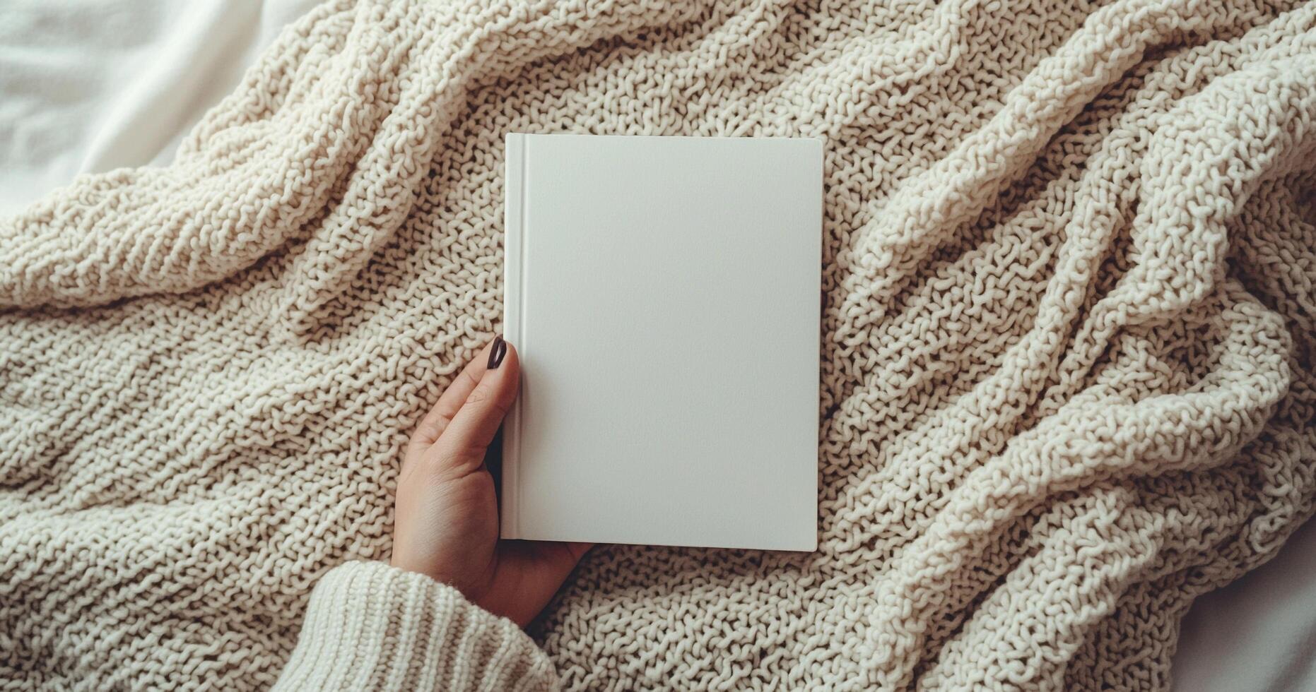 Close-up mockup of woman hands holding a blank white book. Ideal for book cover design, branding, and product display. Minimalist and cozy scene photo