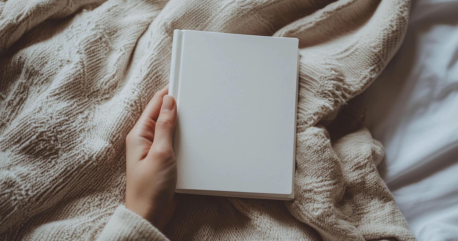 Close-up mockup of woman hands holding a blank white book. Ideal for book cover design, branding, and product display. Minimalist and cozy scene photo