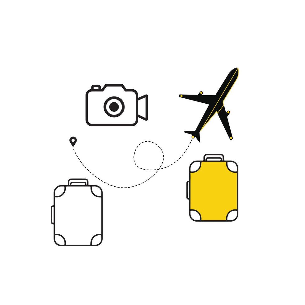 Airplane, Suitcase, and Camera Routes Icon with Dotted Line Travel Path and Travel Elements vector