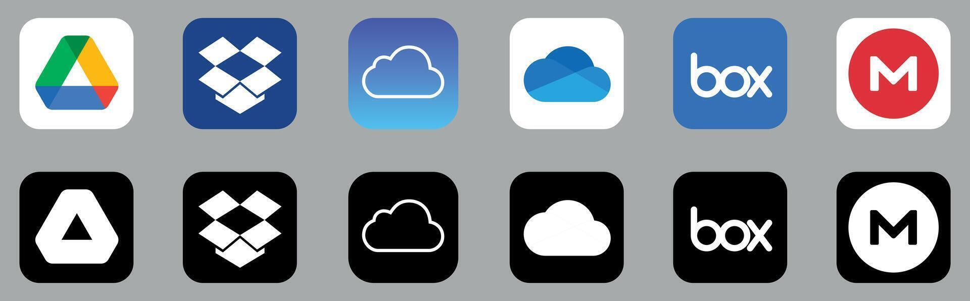 Cloud storage service logo set. Google drive, Dropbox, OneDrive, Mega, Box vector