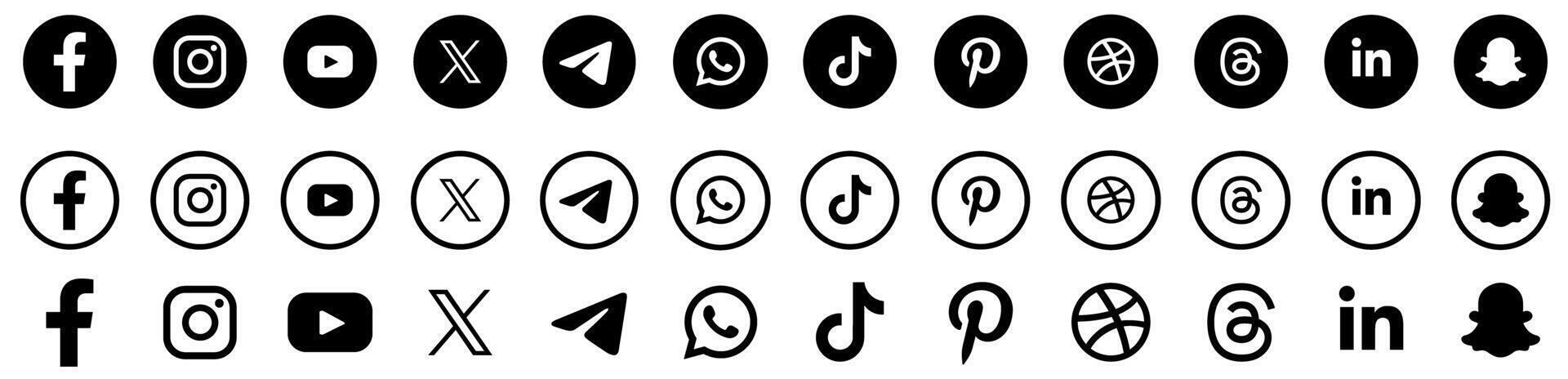 Latest social media icons set. Social network symbols in black. Instagram, Facebook, WhatsApp, YouTube, Telegram, TikTok, Pinterest and more vector