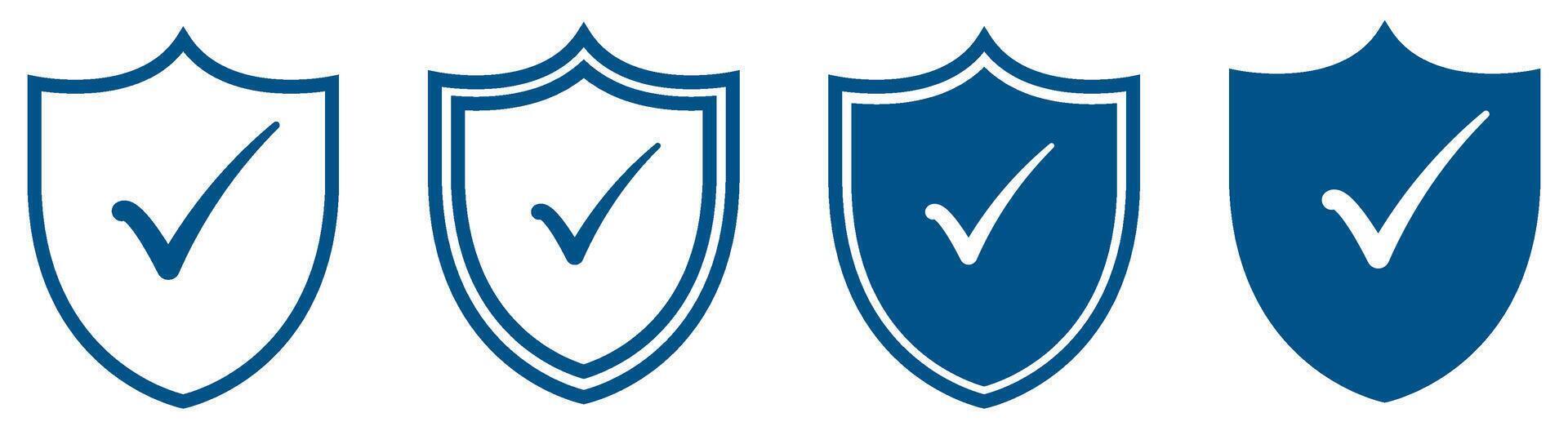 Blue shield with check mark icon set. Approved and trusted product concept vector
