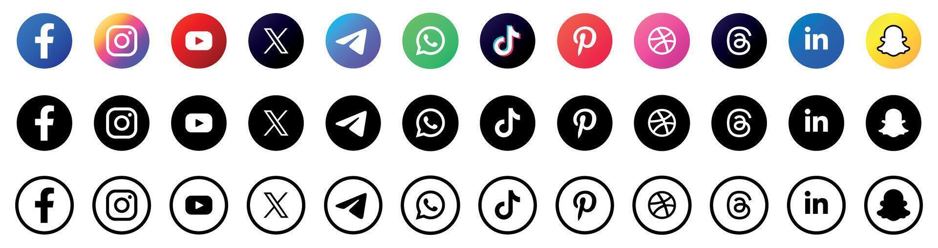 Social media icons set. Social network symbols of Instagram, Facebook, WhatsApp, YouTube, Telegram, TikTok, Pinterest, LinkedIn, Snapchat, Threads vector