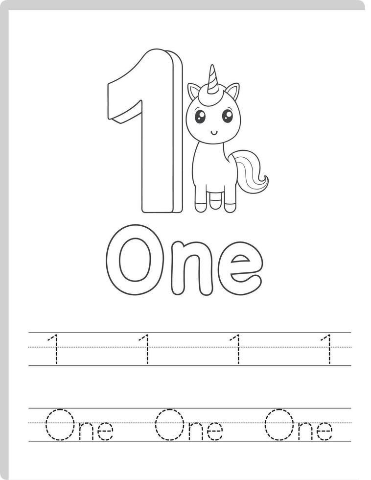 Unicorn 1 Number Tracing Worksheet vector