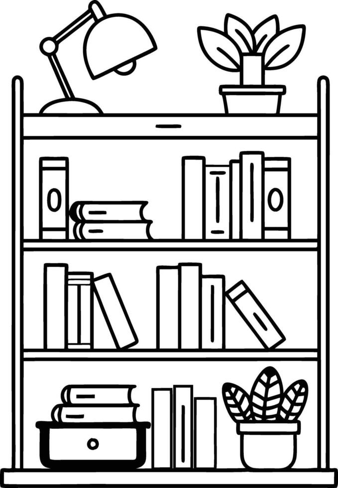 a collection of books on a shelf with a clock and a plant in the middle. vector
