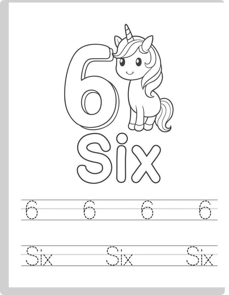 Unicorn 6 Number Tracing Worksheet vector