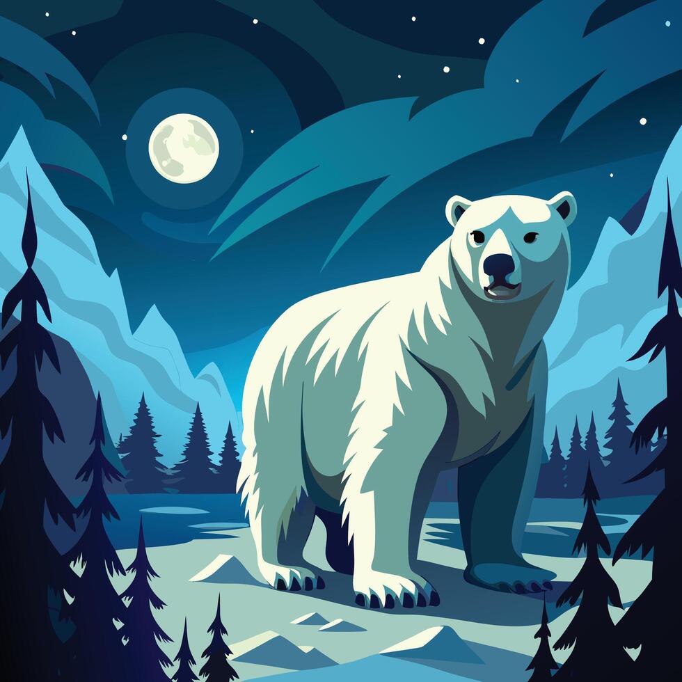 A polar bear with night sky and snowy forest vector