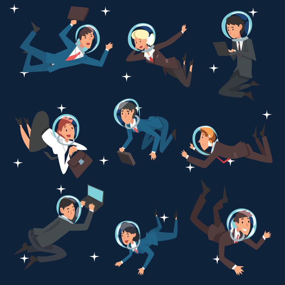 Business People in Astronaut Helmets Flying in Outer Space Set, Business Development Strategy, Leadership Illustration vector