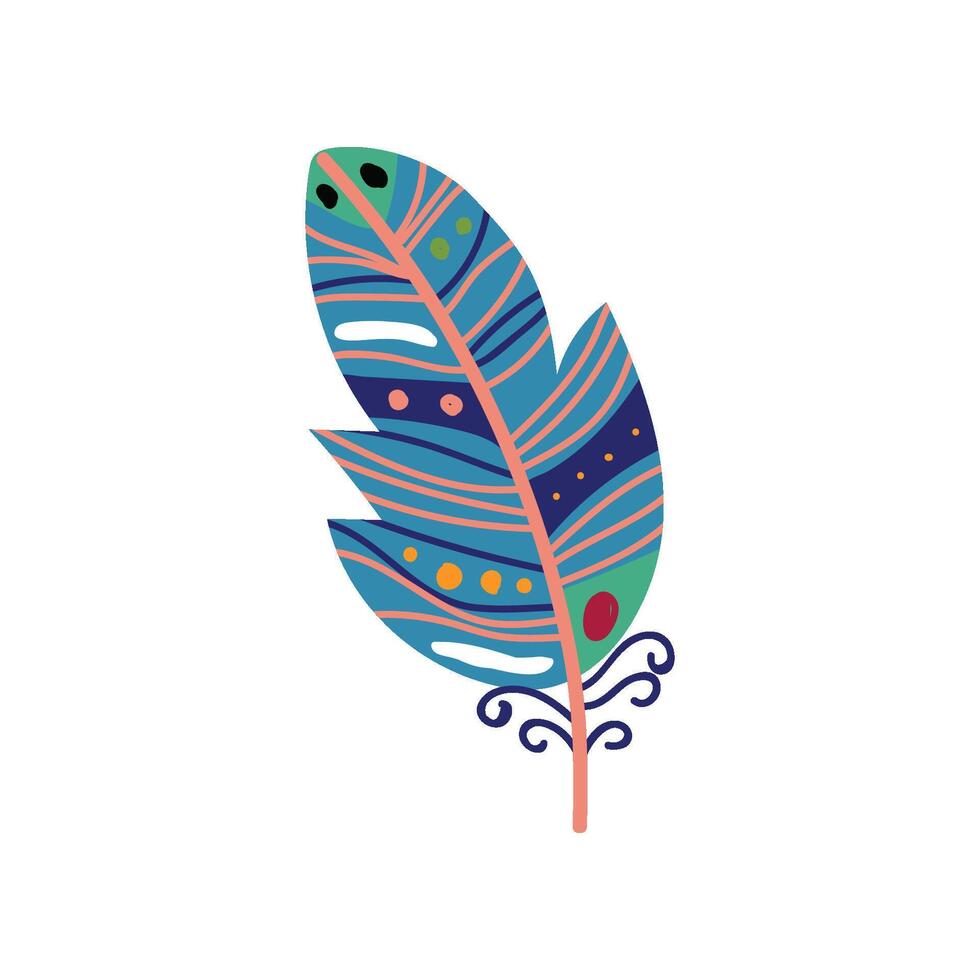 Colored Bird Feather Painted in Colorful Patterns in Blue Colors, Decoration Element Illustration vector