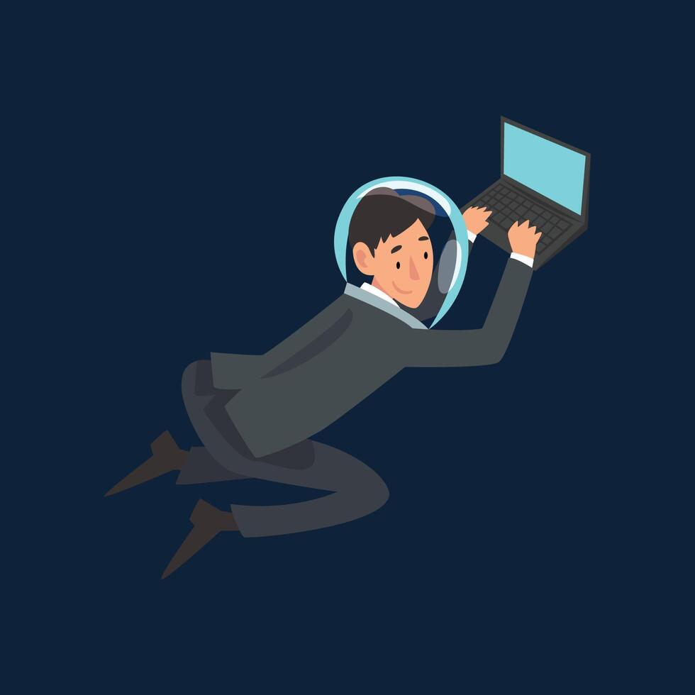 Businessman in Suit and Astronaut Helmet Flying in Outer Space with Laptop Computer, Business Development Strategy, Leadership Illustration vector