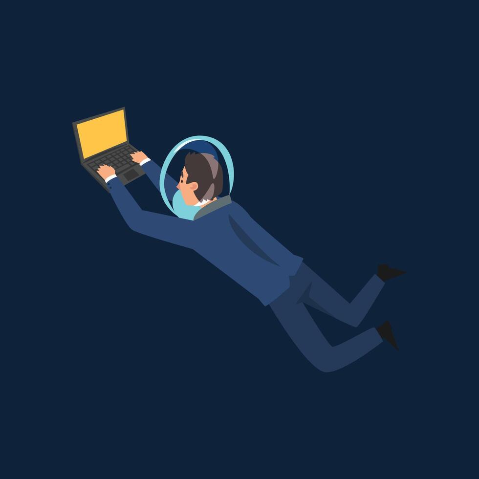 Successful Businessman in Suit and Astronaut Helmet Flying in Outer Space or Internet Space with Laptop Computer, Business Development Strategy, Leadership Illustration vector