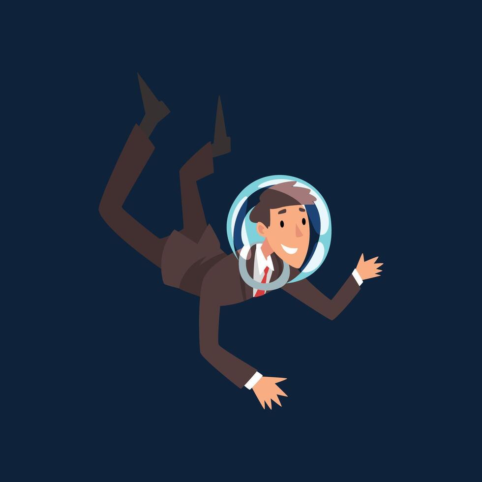 Smiling Businessman in Suit and Astronaut Helmet Flying in Dark Sky, Business Development Strategy, Leadership Illustration vector