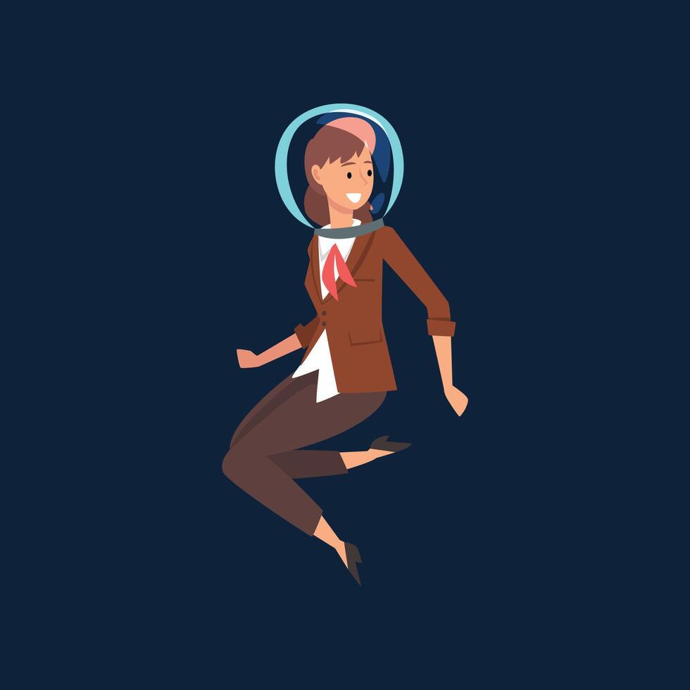 Successful Businesswoman in Brown Suit and Astronaut Helmet Flying in Outer Space, Business Development Strategy, Leadership Illustration vector