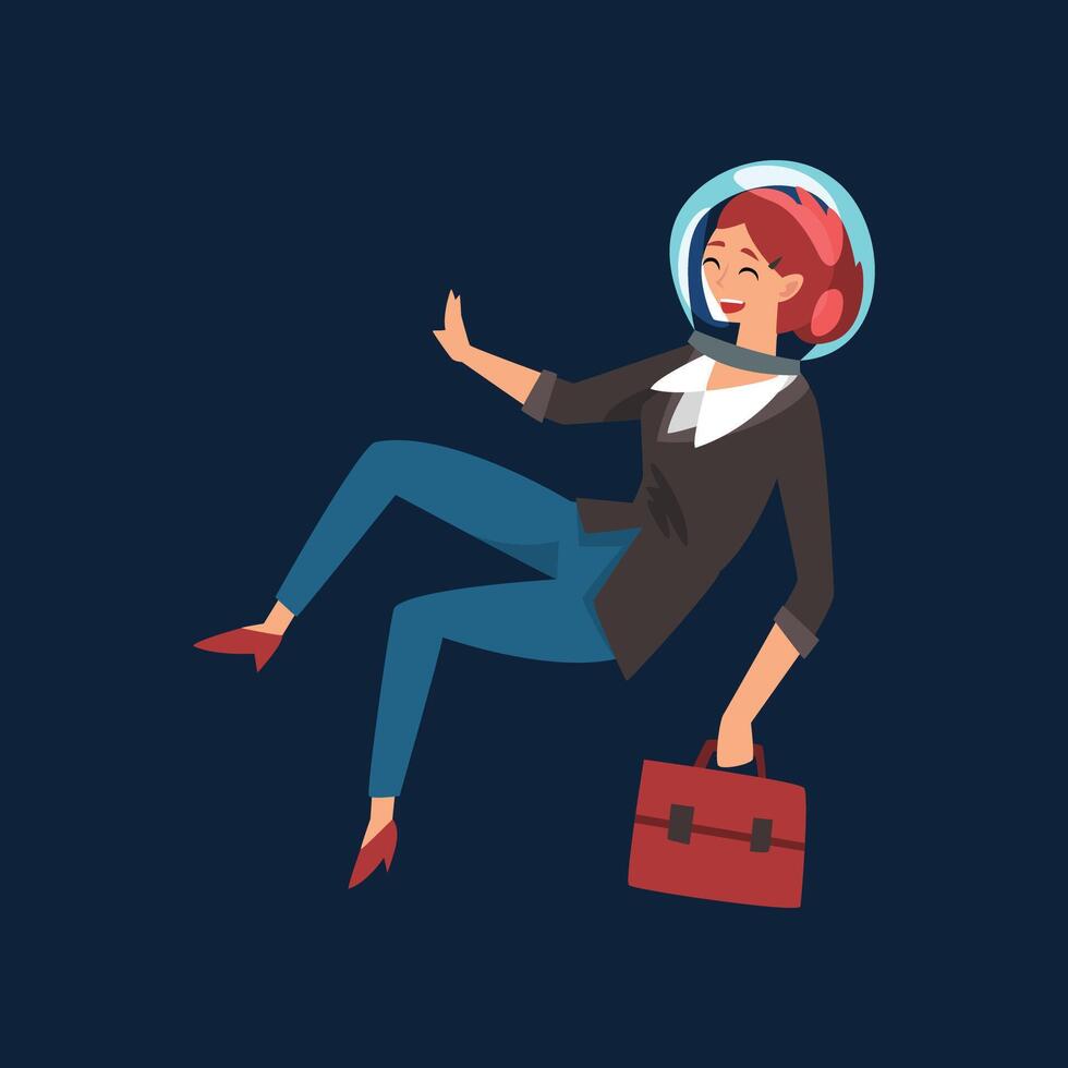 Smiling Businesswoman in Astronaut Helmet Flying in Outer Space with Briefcase Illustration vector