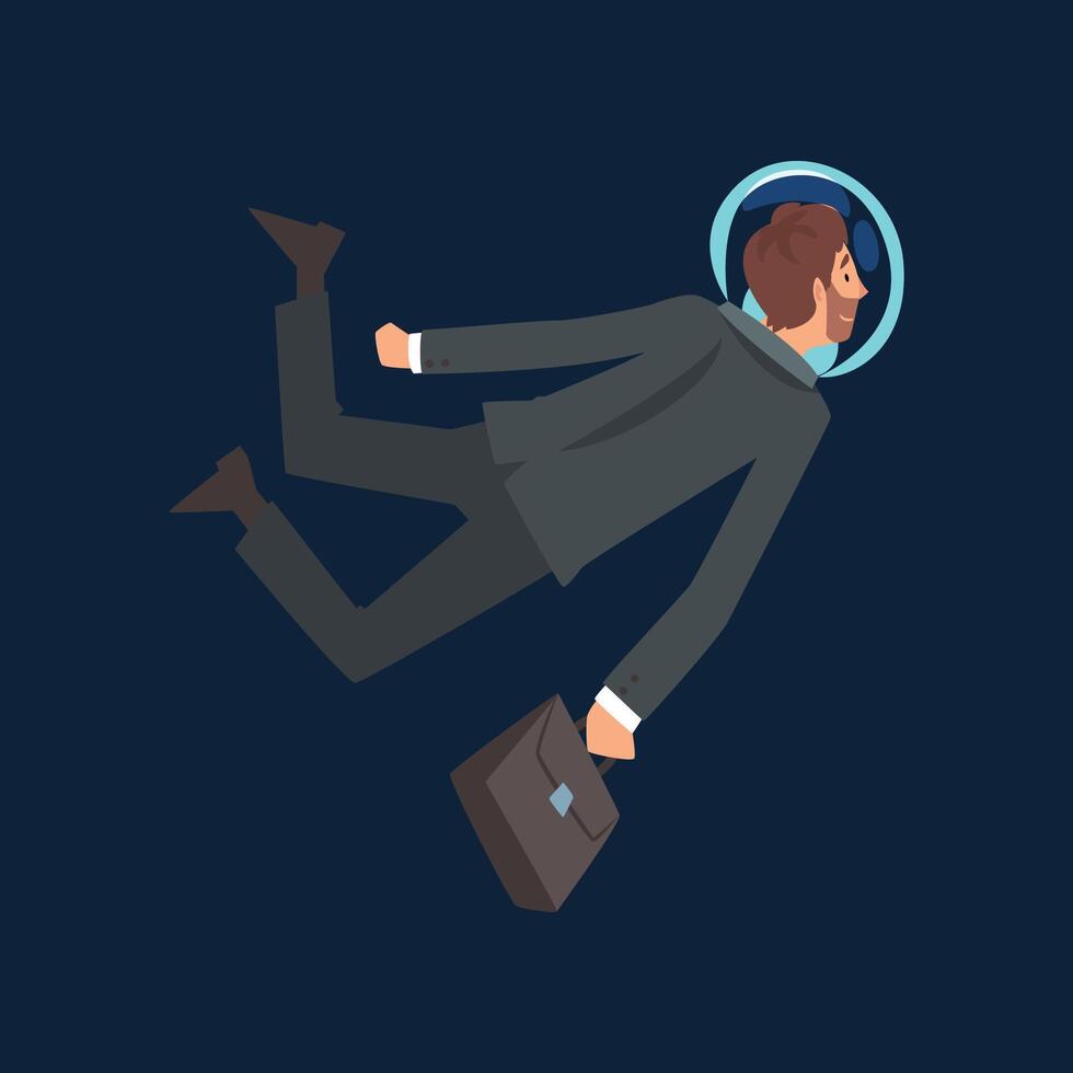 Businessman in Black Suit and Astronaut Helmet Flying in Outer Space with Briefcase, Business Development Strategy, Leadership Illustration vector